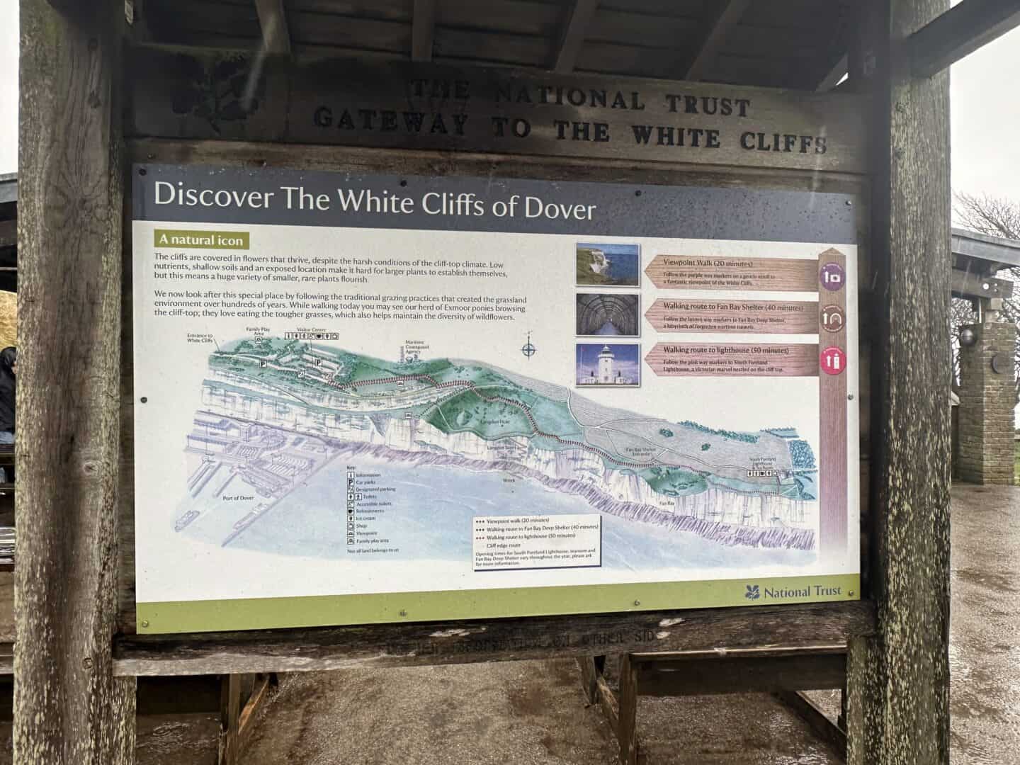 Stunning information board at White Cliffs of Dover showcasing discovery routes, walking guides, and scenic viewpoints, highlighting Dover's natural beauty and iconic chalk cliffs.